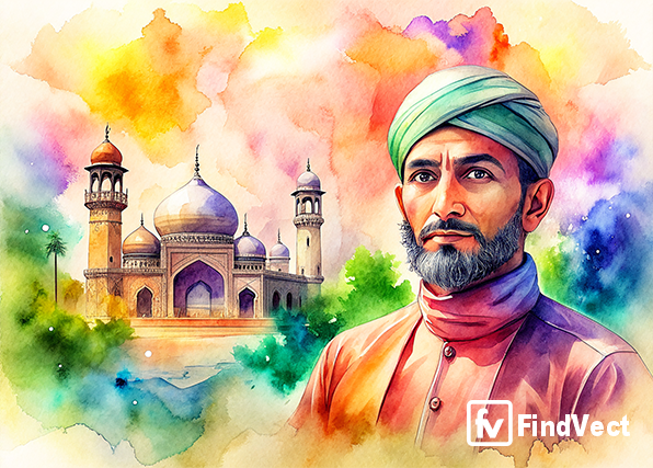 watercolor a man and a  mosque background