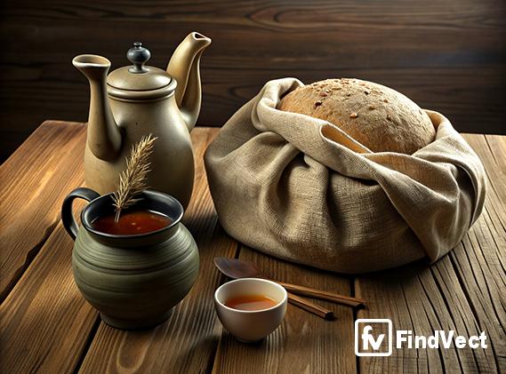 Bread in a sack beside tea on a wooden table