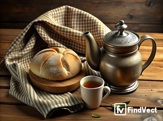 Bread next to tea on wooden table