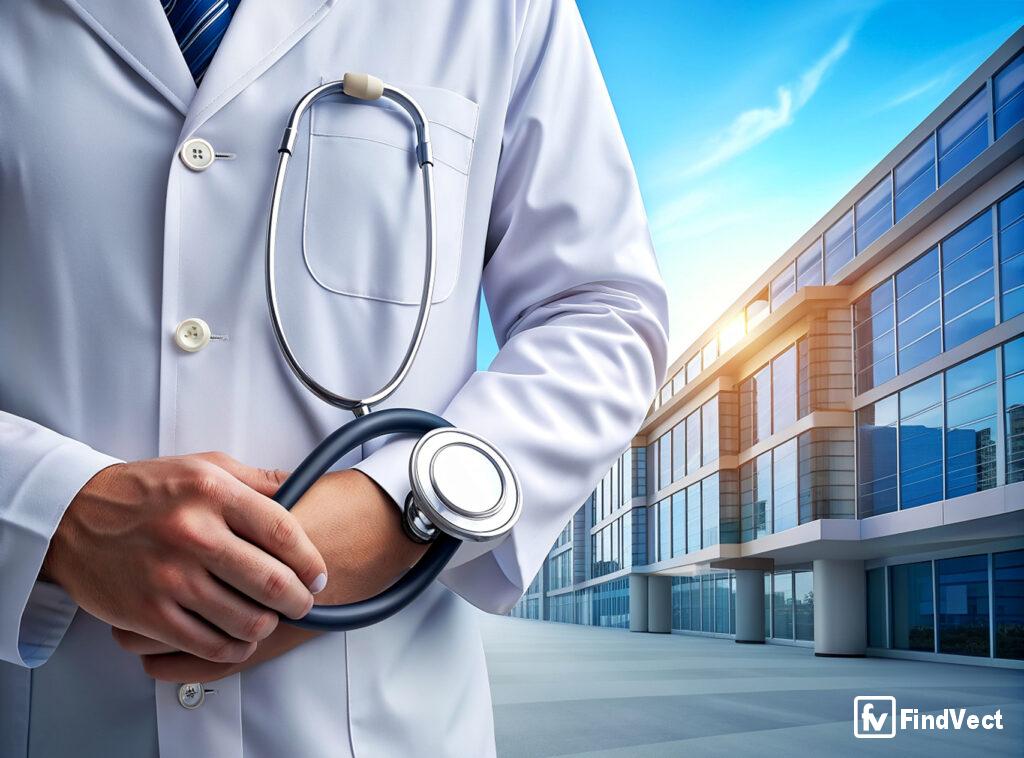 doctor with a stethoscope in the hands and hospital background