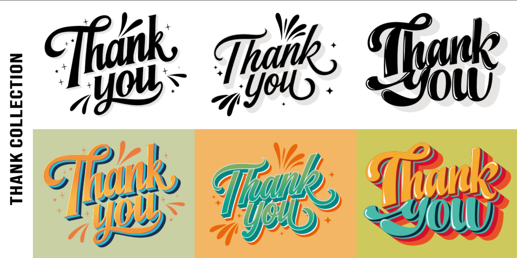 Vintage style thank you lettering set with color and black and white versions