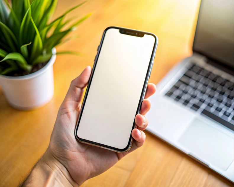 holding an iPhone with a laptop and pot in the background